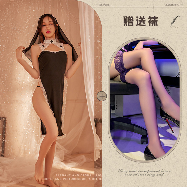 Midnight Temptation Sexy Nun Costume - Lace Bodice Role Play Outfit with Sheer Panels & High Slit - Image set + black stockings