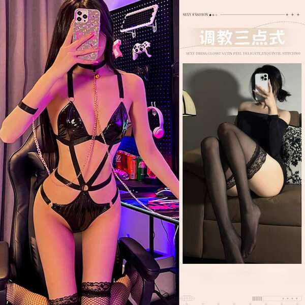 Women's Maid Costume Cosplay Outfit - Sexy SM Bondage Uniform with Leather Corset & Latex Accents - Domination in three-piece outfit + black stockings
