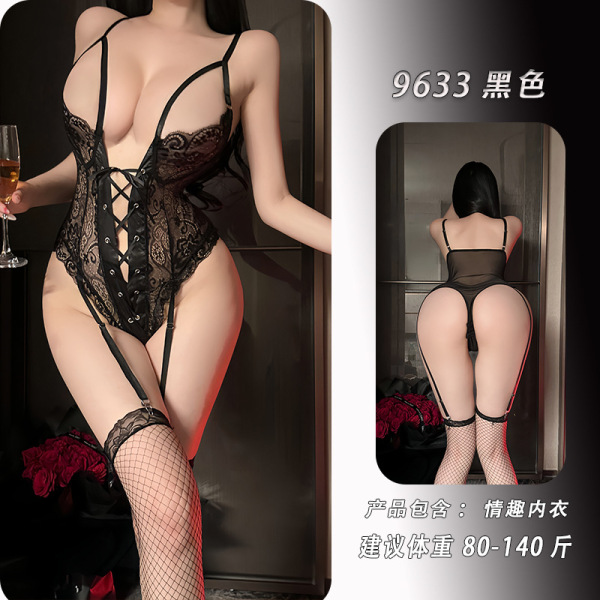 Purple Lace Bodysuit Set - Sexy Sheer Mesh & Tie-Up Sensual Sleepwear for Women, Nightwear Outfit - Black [lace-up bodysuit] excluding socks.