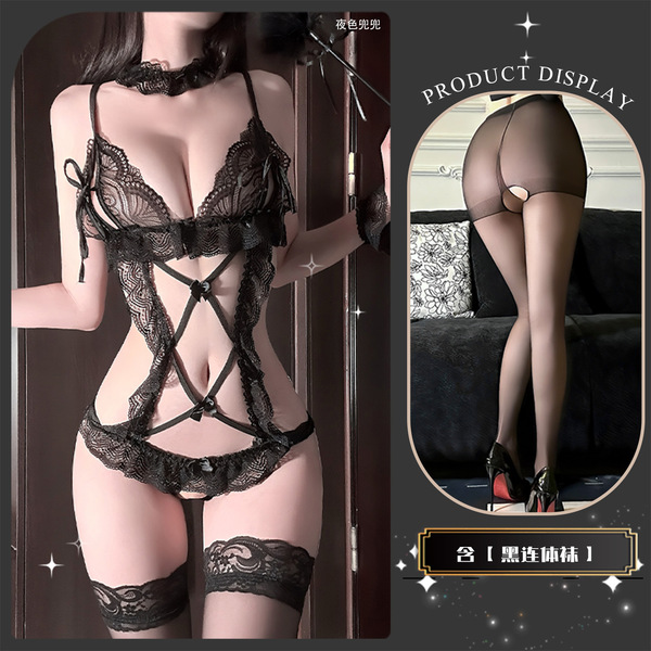 Miyu Sensual Lace Bodysuit - Open-Crotch Maid Costume for Playful Intimacy & Roleplay - Black suit + black open-crotch socks