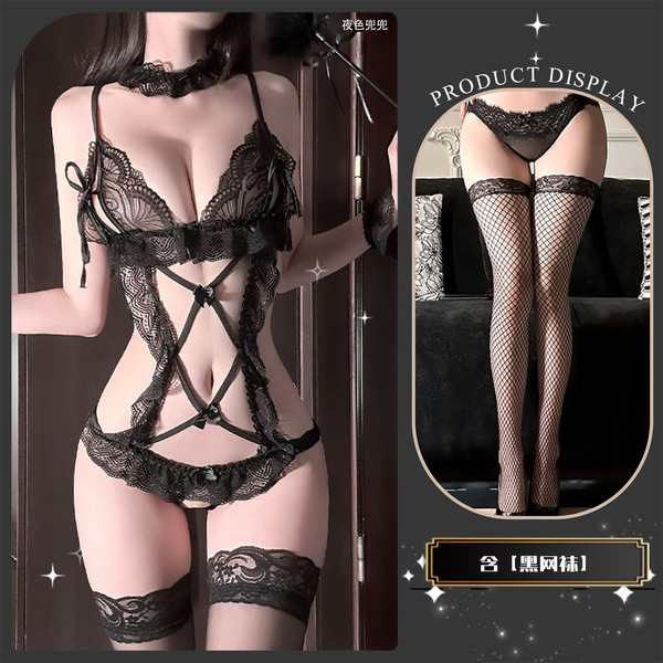 Miyu Sensual Lace Bodysuit - Open-Crotch Maid Costume for Playful Intimacy & Roleplay - Black suit + black stockings
