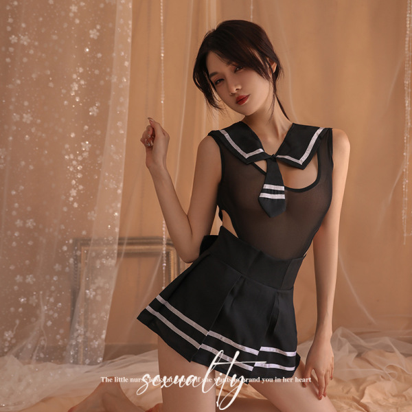 Qiaozhiqing Seductive Modest Lingerie Set - Two-in-One Schoolgirl JK Dress with Matching Handcuff Accessories - Black suit (socks not included)