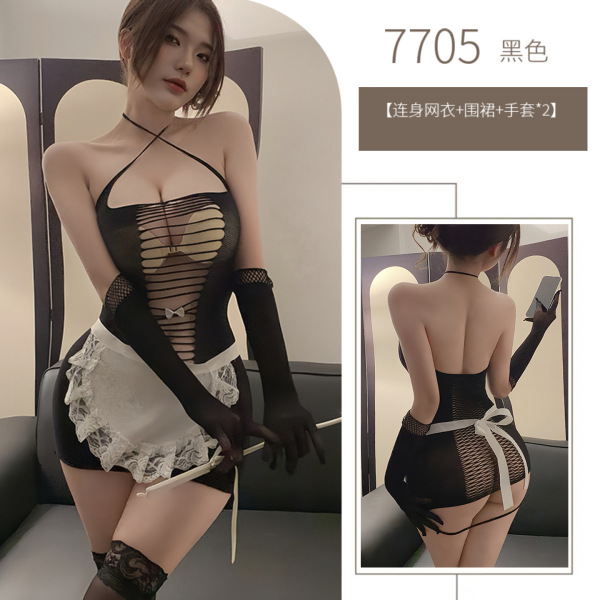 Seductive Maid Costume Set - Sheer Mesh Lingerie Outfit with Tear-Away Chest & Open-Crotch Design for Role Play - Black suit (socks not included)
