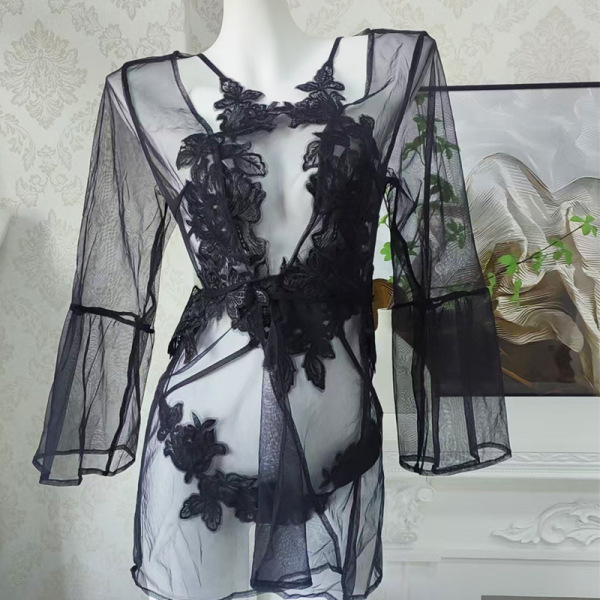 Summer Sexy Sheer Lace Bodysuit - Bedroom-Ready Pure & Tempting Matching Set with Embroidery - Black outfit [bodysuit + outer robe]