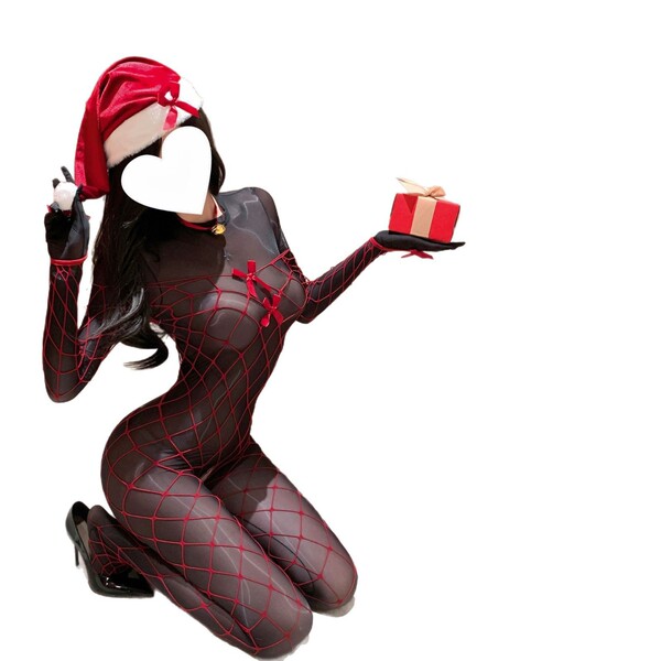 Sexy Shiny Bodysuit with Sheer Ultra-Thin Tights & Built-in Penis Sleeve - Seductive Open-Crotch Full-Body Lingerie - Black open-crotch bodysuit + red mesh top