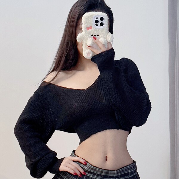 Cute Schoolgirl JK Lingerie Set - Sheer Sweater & Micro Skirt Outfit for Women - Black sweater + blue plaid skirt