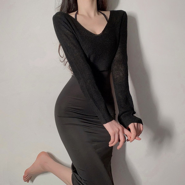 Seductive Lace Tie-Up Backless Sheer Long Nightgown - Pure Temptation Sleep Dress for Women - Black sweater + long skirt