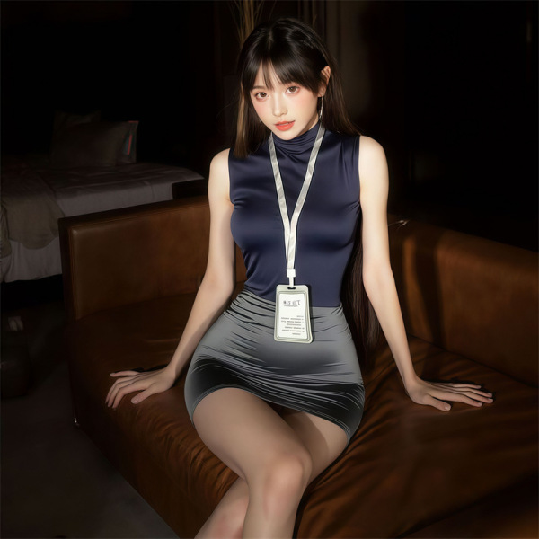 Pure & Seductive Secretary Skirt Set - Air Hostess Costume, Nightclub No-Remove Lingerie Outfit, Modest Yet Alluring - Dark gray + model's black open-crotch stockings