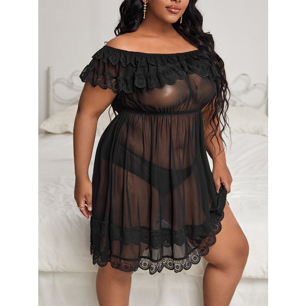 European-Style Lace Sexy Sleepwear Set for Women – Off-Shoulder Sheer Nightgown & Matching Lingerie - Black [with briefs]