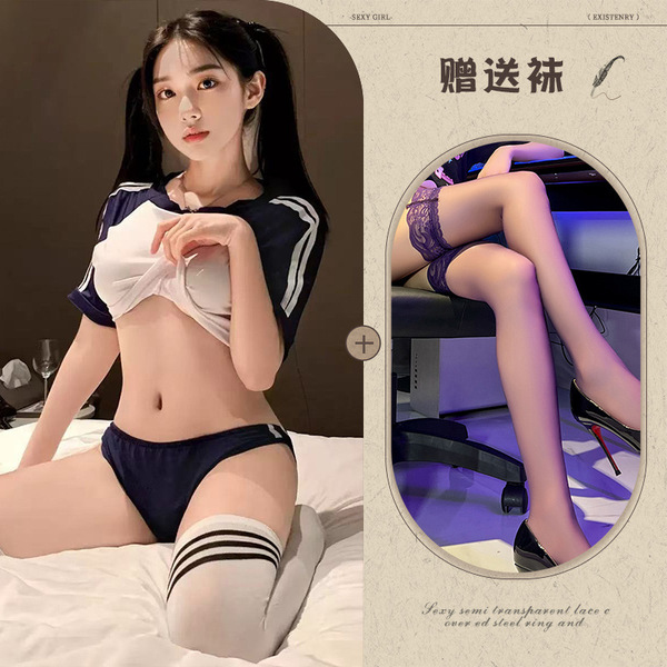 Japanese School Uniform Swimsuit - Blue & White Cute Kawaii Student Swimwear Set, Modest & Stylish Bikini - Image color + black stockings