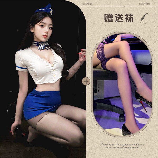 Manny Night Pure & Tempting Air Hostess Costume Set - Sexy Role Play Outfit for Women - Image color + black stockings