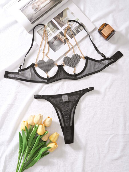 Lace Love Chain Lingerie Set – Sheer Mesh Seductive Erotic Outfit for Women - Black two-piece set