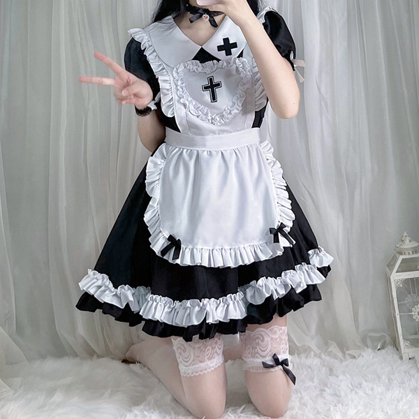 S5XL Japanese Maid Dress - Cute Anime Cosplay Costume for Women, Classic Short-Sleeve Maid Outfit - Black [skirt + apron + necklace + bracelet + leggings + headdress]