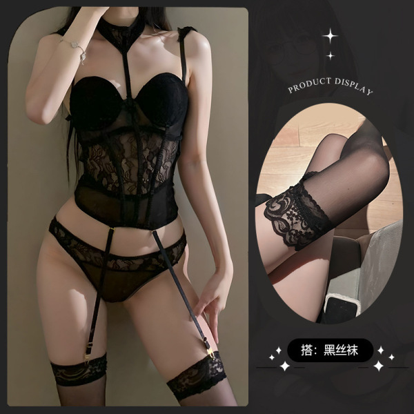 Women's Lace Mesh Shapewear Set - Sexy 3-Piece Bodysuit with Cut-Out Details,European and American Style - Black vest + black stockings