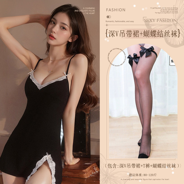 Red Pure-Temptation Lingerie Gown for Women – Sexy New Year Nightwear with Slit & Strappy Details - Black (deep V-neck slip dress + thong pants + bow-tie stockings)
