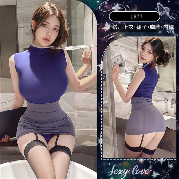 Sexy Secretary Costume Outfit - Plus Size OL Office Role Play Dress, Pure Temptation Tight Fit Mommy Style Skirt - Dark gray [top + skirt + name tag + thong]