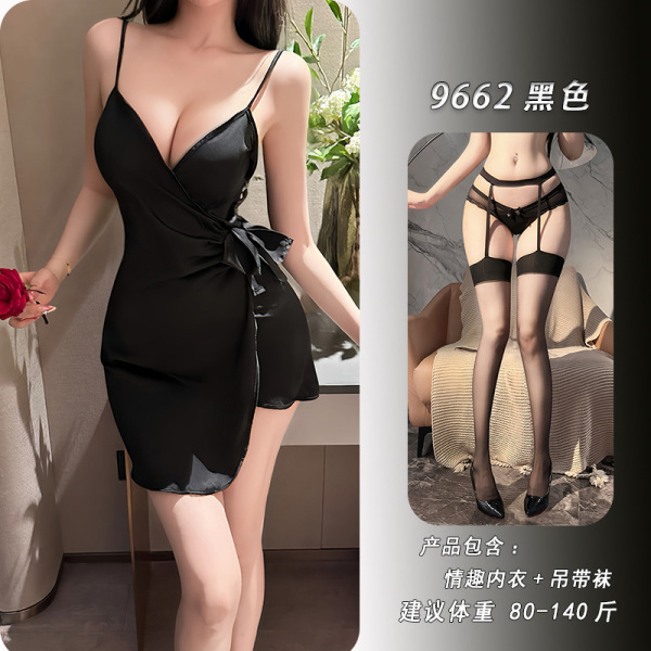 Feiniao Moonlit Lingerie Set - Sensual Waist-Cinching Sheer Deep V-Neck Tie-Detail Sleep Dress - Black + matching suspender stockings