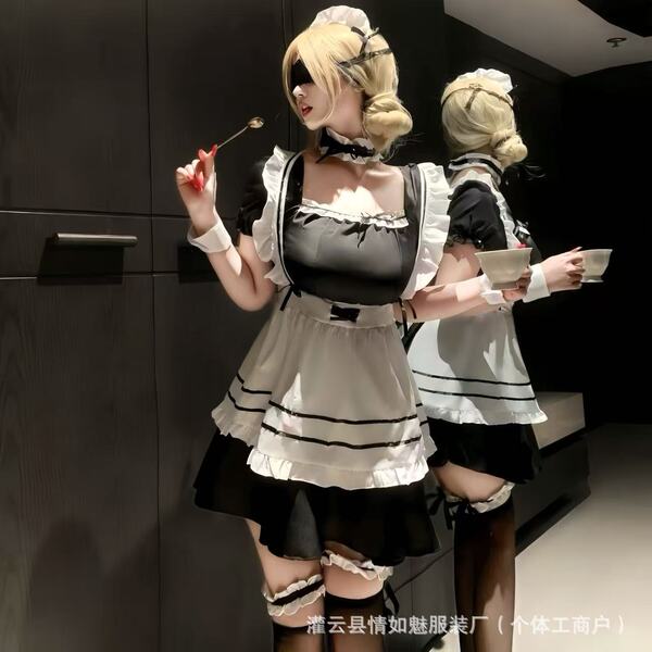 Soft Anime Lolita Maid Outfit - Cross-Border Exclusive Cosplay Lingerie Set by Qing Rumai - Black and white stockings with black bow