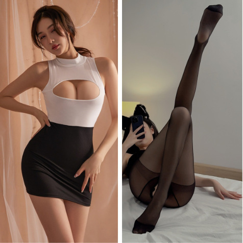 Ranqing Seductive Lingerie Set - Hot Sheer Office Secretary Outfit, Bodycon Skirt & Matching Top - Black and white + black open-crotch socks