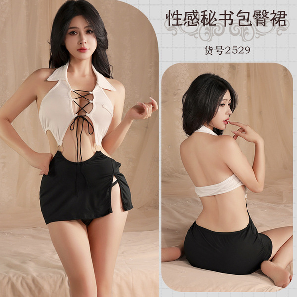 Night Breeze Seductive Secretary Outfit - Bodycon Role Play Costume Set for Women - 2529 Black and white + black open crotch socks