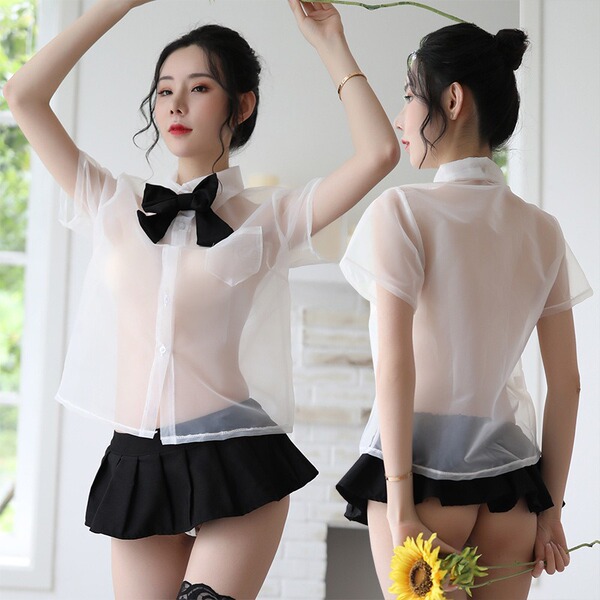 British-Style Lace Teddy Set - Sexy Sheer JK Uniform Skirt with Bow & Pleats, No-Remove Outfit - White and black outfit + black open-crotch socks