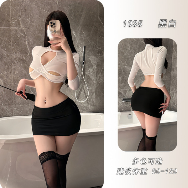 YeYu Seductive Long-Sleeve Secretarial Lingerie Set - Pure & Tempting Bodycon Mini Skirt for Women - Black and white + black fishnet stockings
