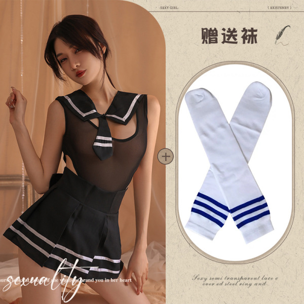 Qiaozhiqing Seductive Modest Lingerie Set - Two-in-One Schoolgirl JK Dress with Matching Handcuff Accessories - Black and white/blue school socks