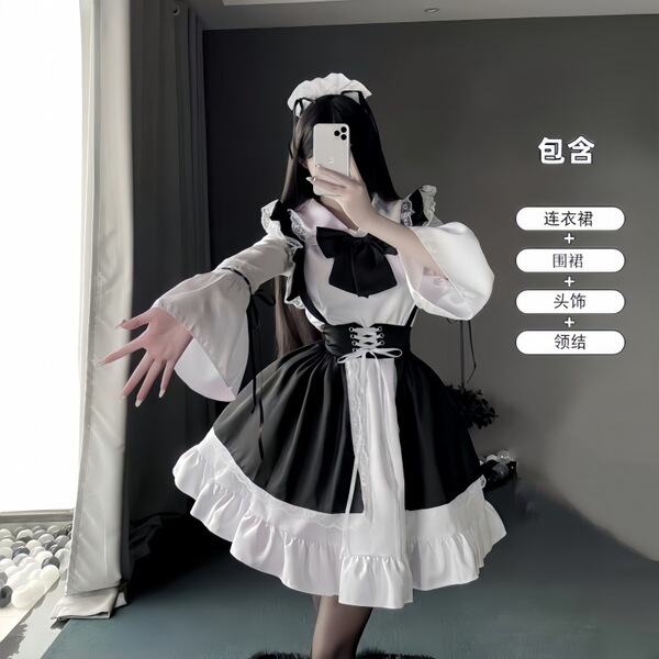 Japanese Maid Costume Dress - Long Sleeve Cute Lolita Student Outfit, Sexy-Cute Cosplay Dress for Women - Black and white long-sleeved four-piece set with large bow