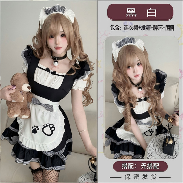 Maid Costume Cosplay Dress - Cute Anime Cat Girl Lolita Dress for Women - Black and white cat-themed outfit [skirt + apron + headband + neck ring]