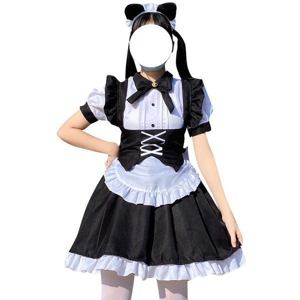 Black and white gothic lolita maid dress with pigtails, perfect for halloween costumes. features ruffled skirt and corset des...