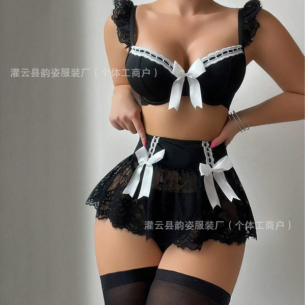 Pure & Spicy Women's Summer Lingerie Set – Sexy Bow Bikini Sleepwear Outfit for Adults - White + Black