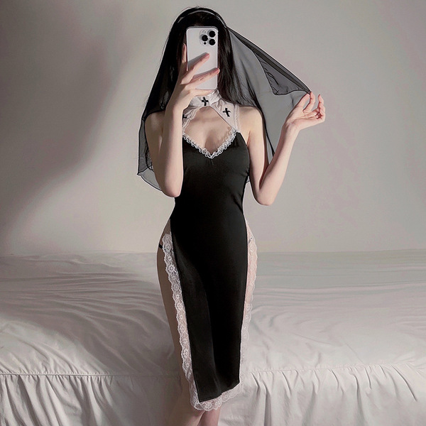 Nun Costume Lingerie Set - Sexy Catholic Role Play Outfit with Sheer Mesh Skirt & Detachable Cross Accessory - Black and white suit