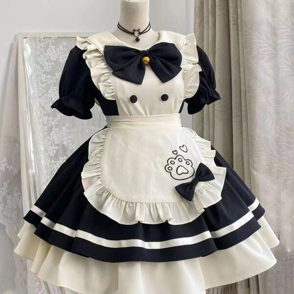 Maid Costume Cosplay Dress - Cute Student Lolita Outfit for Women, Plus Size Anime Dress with Petticoat Set - Black and white opening (with apron and bow) + white stockings