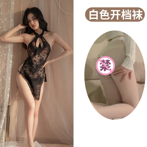 Sheer Lace Cheongsam Lingerie Set - Seductive Split Sleeve Sleepwear & Uniform Style Outfit - Black and white open-crotch stockings