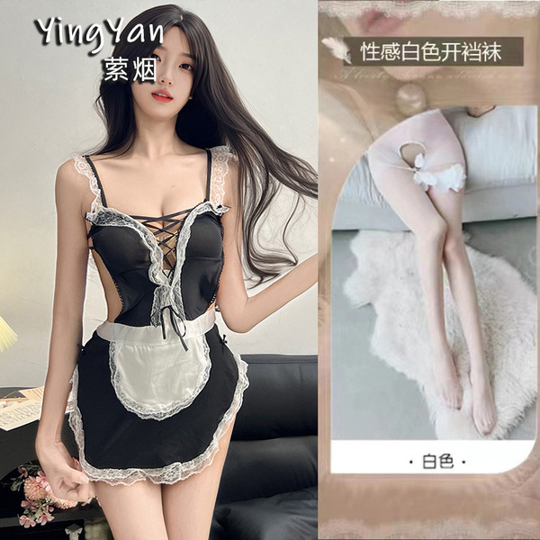 Yingyan Seductive Lace Lingerie Set - Maid Costume with Adjustable Straps, Pure Temptation Role Play Outfit - 0945 Black + White Open Crotch Socks
