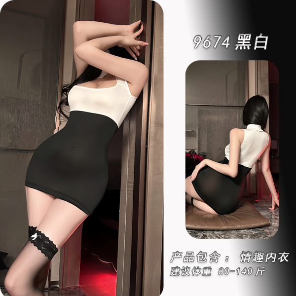 Night-Silk Seductive Secretary Outfit - Sexy Lingerie Set & Pure-Desire Sleepwear, No-Remove Design - Black and white bodycon skirt