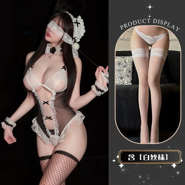 QQNY Pure Allure Sleepwear Set - Elegant Sensual Lingerie for Women, Luxury Bedroom Loungewear - Black and white stockings