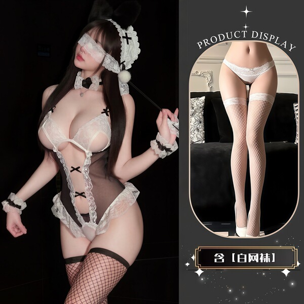 QQNY Pure Allure Sleepwear Set - Elegant Sensual Lingerie for Women, Luxury Bedroom Loungewear - Black and white fishnet stockings