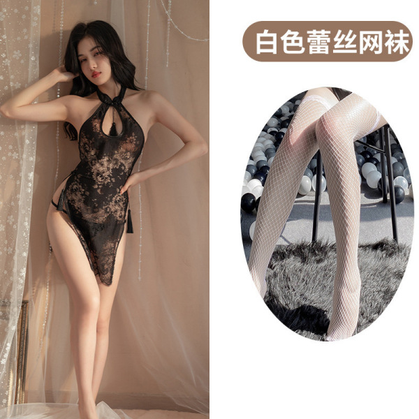 Sheer Lace Cheongsam Lingerie Set - Seductive Split Sleeve Sleepwear & Uniform Style Outfit - Black and white fishnet stockings