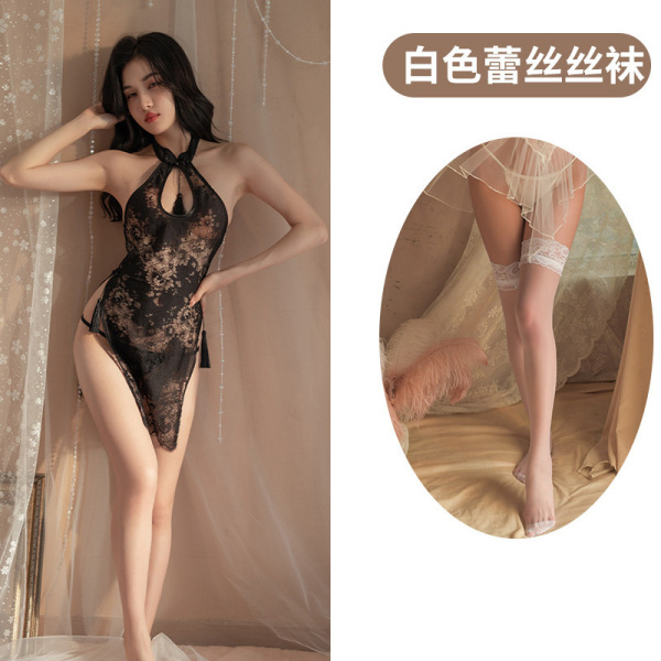 Sheer Lace Cheongsam Lingerie Set - Seductive Split Sleeve Sleepwear & Uniform Style Outfit - Black and white stockings
