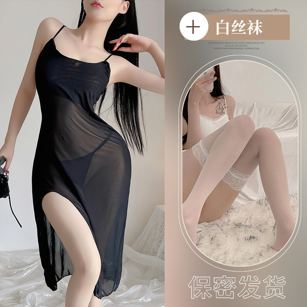 Women's Sexy Lace Sheer Nightgown Set - Transparent Mesh Sleep Dress with Adjustable Straps - Black and white stockings