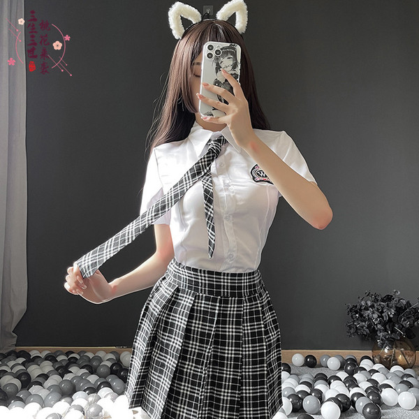 Sexy Plaid Student Uniform Set - Seductive JK Style Pleated Skirt with Open-Crotch Design, Pure & Tempting Outfit - Black plaid student + student socks