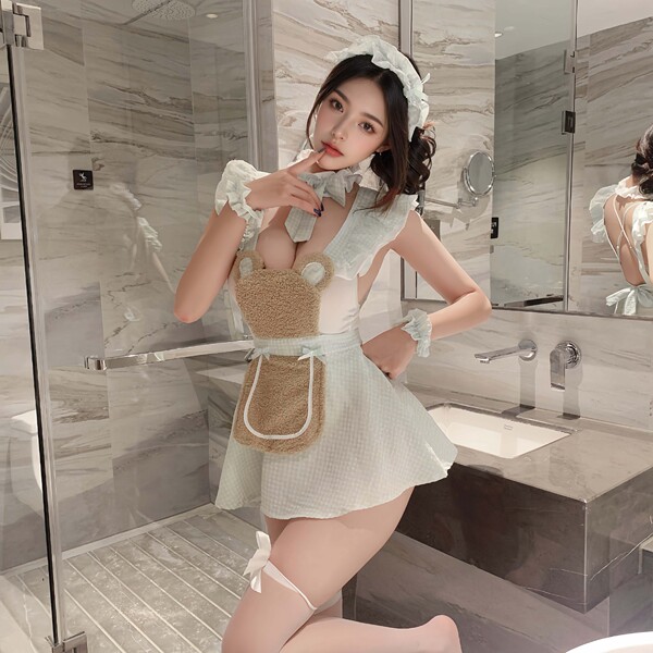 Flirty Plus Size Maid Costume - Busty Sexy Chef & Housemaid Outfit with Black Stockings & Playful Lingerie Vibes - Cyan Bear Outfit [Open Crotch Bodysuit + Apron + Headband + Neck Ring + 2 Sleeves] (Socks not included)