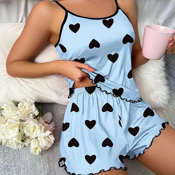 QQNY Pure Temptation Lingerie Set for Women – Sexy European and American Cross-Border Sleepwear & Intimate Outfit - Blue and black big heart