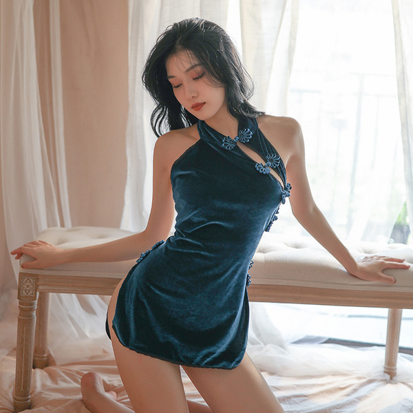 Vintage-Style Sexy Backless Lingerie Set – Seductive Split Qipao Bra & Panty with Cross-Tie Detail - Blue and black fishnet stockings
