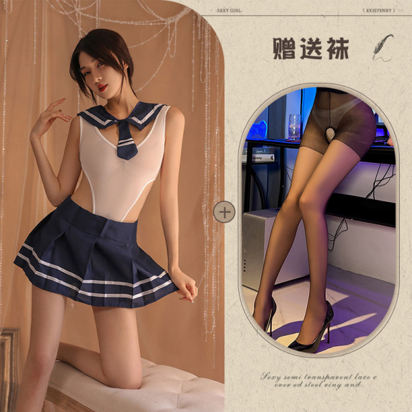 Qiaozhiqing Seductive Modest Lingerie Set - Two-in-One Schoolgirl JK Dress with Matching Handcuff Accessories - Blue and black open-crotch socks