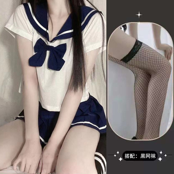 Sexy Student-Style Lingerie Set - Cute JK Uniform Short Skirt Outfit for Women - Blue and black fishnet stockings