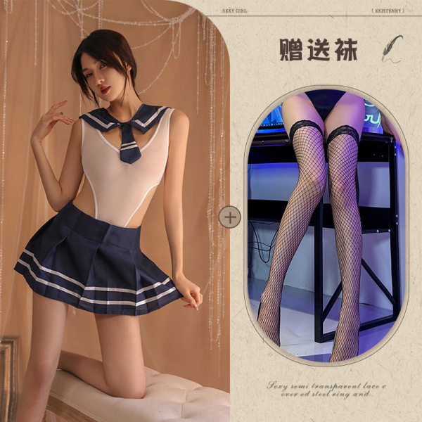Qiaozhiqing Seductive Modest Lingerie Set - Two-in-One Schoolgirl JK Dress with Matching Handcuff Accessories - Blue and black fishnet stockings