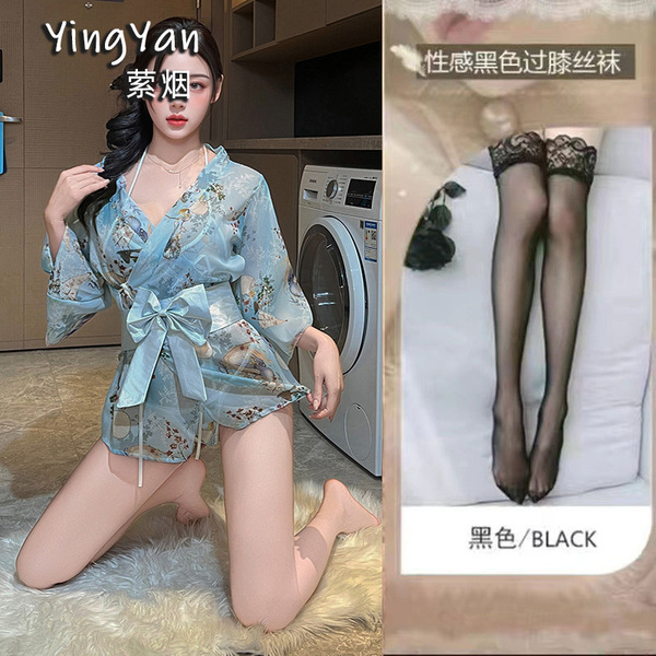 Japanese-Style Lace Kimono Set - Sexy Bow-Tie Sheer Robe & Matching 3-Piece Outfit for Women - 0833 Blue + Black Stockings