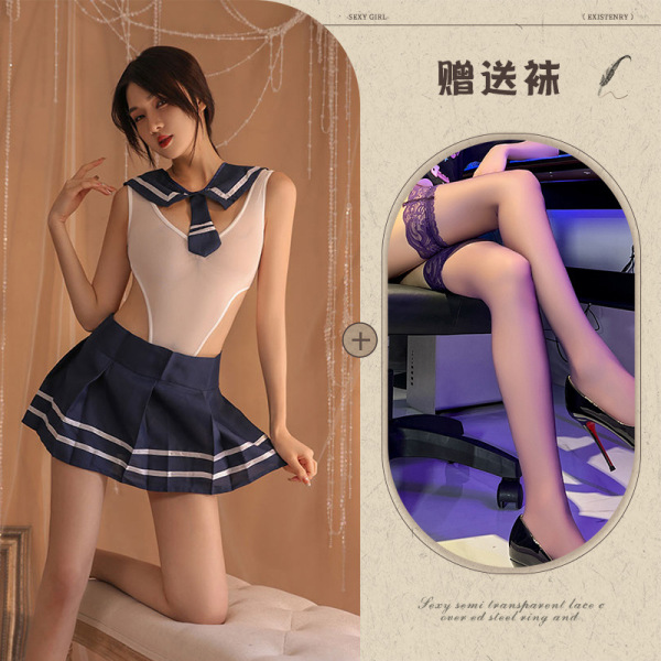 Qiaozhiqing Seductive Modest Lingerie Set - Two-in-One Schoolgirl JK Dress with Matching Handcuff Accessories - Blue + black stockings